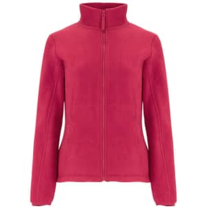 A polar fleece jacket in a vibrant pink colour with a zip front and high collar. Features a logo on the fabric.