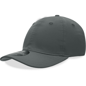 A grey 6-panel mid profile relaxed cap with a curved brim and a logo on the side.