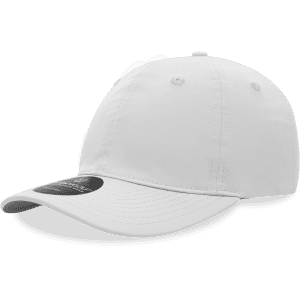 A white, 6-panel mid-profile cap with a relaxed fit and a branded logo on the side.