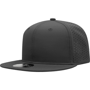 A grey 6 panel high profile cap with perforated sides and a flat brim, featuring a logo on the front.