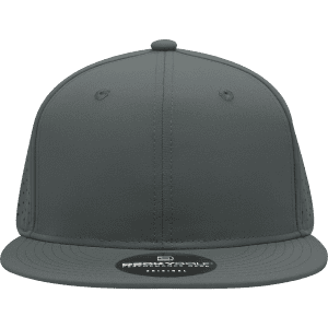 A grey 6 panel high profile cap with perforated sides and a flat brim, featuring a logo on the front.