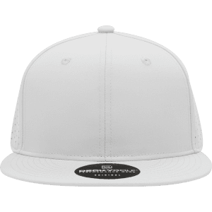 A high-profile, white six-panel cap with perforated sides and a branded logo on the front.