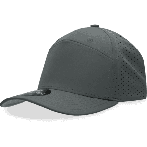 A grey 7 panel perforated cap with a curved brim and a logo on the front.