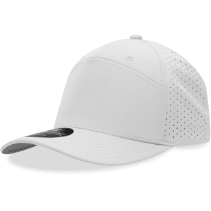 A white 7-panel perforated cap featuring a curved brim and a logo on the front.