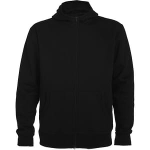 A black hooded sweatshirt with a zip closure and a logo. The design features a front pocket and long sleeves.