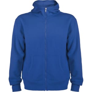 A blue hooded sweatshirt with a full zip and two front pockets. It features a logo on the front.