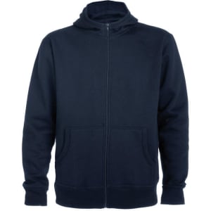 A navy hooded sweatshirt with a zip front and two front pockets, featuring a small logo on the chest.
