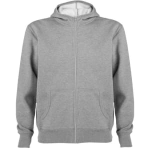 A grey hooded sweatshirt featuring a front zip and two pockets, with a branded logo on it.