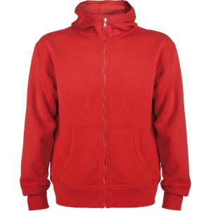 A red hooded sweatshirt with a full zipper and front pockets, featuring a logo on the upper left.