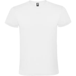 A white T-shirt with a crew neck and short sleeves, featuring a logo on the neckline.