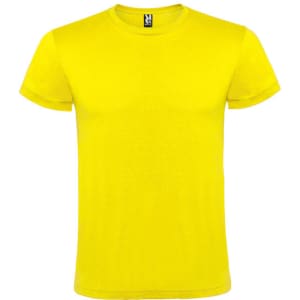 A bright yellow short-sleeved t-shirt featuring a logo on the collar.