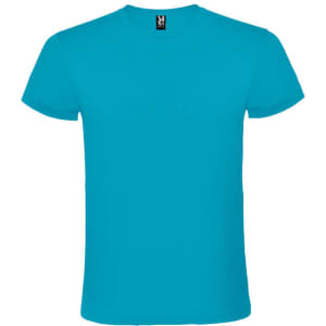 A bright turquoise T-shirt with a crew neck and short sleeves, featuring a logo on the label.