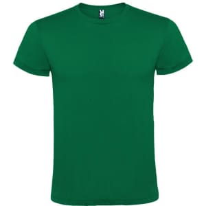 A green T-shirt with a crew neckline and short sleeves, featuring a logo on the collar.