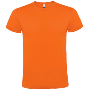 An orange T-shirt with a round neck and short sleeves. The shirt has a logo on the label.