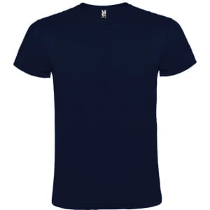 A navy blue T-shirt with short sleeves and a crew neck, featuring a logo on the label.