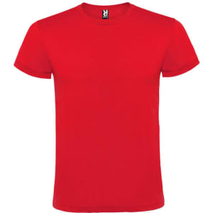 A red T-shirt with short sleeves and a classic crew neckline. It features a label inside.