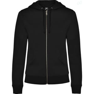 A black hooded sweatshirt with a front zipper and pockets, featuring a logo on the chest.