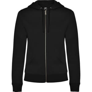 A black hooded sweatshirt with a front zipper and two pockets. It features a logo on the chest area.