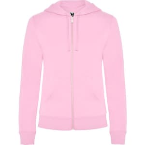 A pink hooded sweatshirt with a zipper, featuring a hood and front pockets, along with a logo.