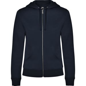 A navy hooded sweatshirt featuring a full front zip, two pockets, and a drawstring hood. It has a logo on the chest.