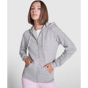 A grey hooded sweatshirt with a front zip and pockets, featuring a logo on the front.