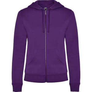 A purple hooded sweatshirt featuring a front zip and pockets, with a logo on the front.