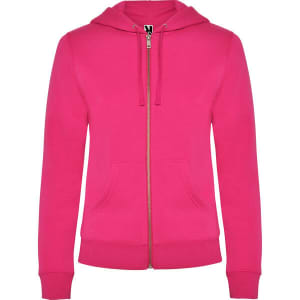 A pink hooded sweatshirt with a front zipper and kangaroo pockets. It features a logo on the front.
