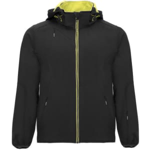 A black unisex softshell jacket with a hood, featuring yellow accents and zippered pockets. It has a logo.