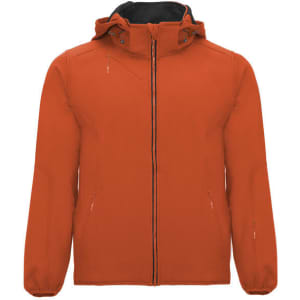 An orange unisex softshell jacket with a hood and zip front, featuring side pockets and a branded logo.
