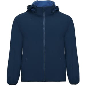 A navy blue unisex softshell jacket with a hood and zippered front, featuring side pockets and a branding logo.