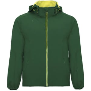 A unisex softshell jacket in green with a yellow inner lining and zippers, featuring a hood and branding.
