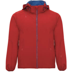 A red unisex softshell jacket with a hood and contrasting blue interior. Features a logo on the chest.