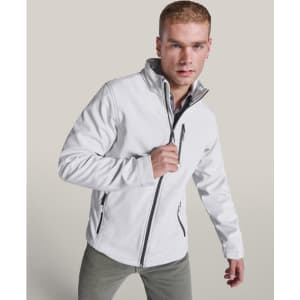 A softshell jacket in white with a zip closure and side pockets, featuring a logo on the chest.