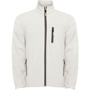 A softshell jacket in white, featuring a full zip and zippered pockets, with grey accents and a logo.