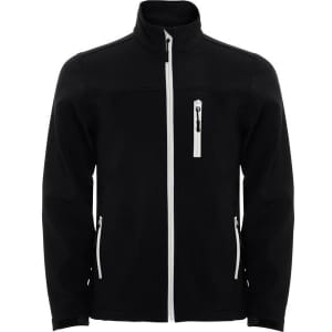 A black softshell jacket with white zip details and pockets, featuring a logo on the upper left side.