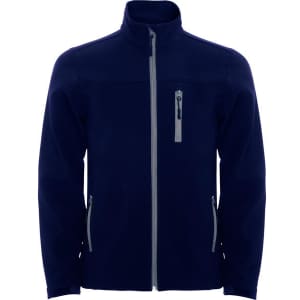 A navy softshell jacket featuring a high collar, zipped pockets, and a logo on the chest.