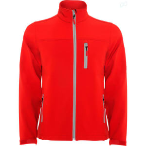 A bright red softshell jacket with a high collar, features zip pockets and a sleek design, including a logo.