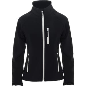 A black women's softshell jacket with a high collar, zippered front, and two side pockets. It features a logo.