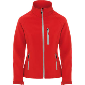 A red women's softshell jacket featuring zippered pockets and a high collar. It includes branding on the chest.