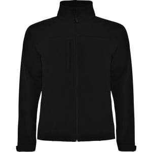 A black Rudolph Softshell Jacket featuring a zip front and a collar, with a small pocket on the chest.