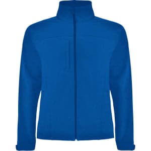 A blue softshell jacket with a zip front, high collar, and pockets, featuring a logo on one side.