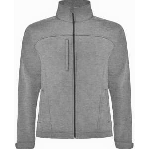 A grey softshell jacket featuring a high collar and front zip, with a zippered pocket on the chest and a logo.
