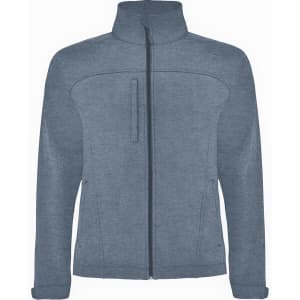 A softshell jacket in a light blue hue with a zip front and a stand collar, featuring a logo.