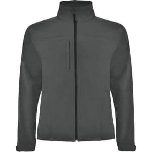 A grey softshell jacket featuring a high collar and a zip closure, with a logo on the front.
