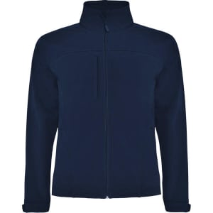 A navy blue softshell jacket with a zip front and stand collar, featuring a single chest pocket and branding.