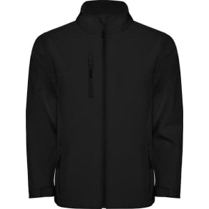 A black softshell jacket featuring a zippered front and pockets, and a visible logo.