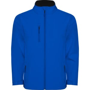 A blue Nebraska softshell jacket with a zip front and pockets. It features a collar and has a logo.