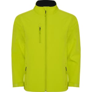 A bright yellow softshell jacket with zip pockets and a black collar, featuring a logo.