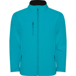 A turquoise softshell jacket with a zip-up front, side pockets, and a collar. It features a logo.