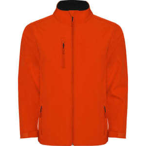 An orange softshell jacket with a front zipper and side pockets, featuring a high collar and a logo.